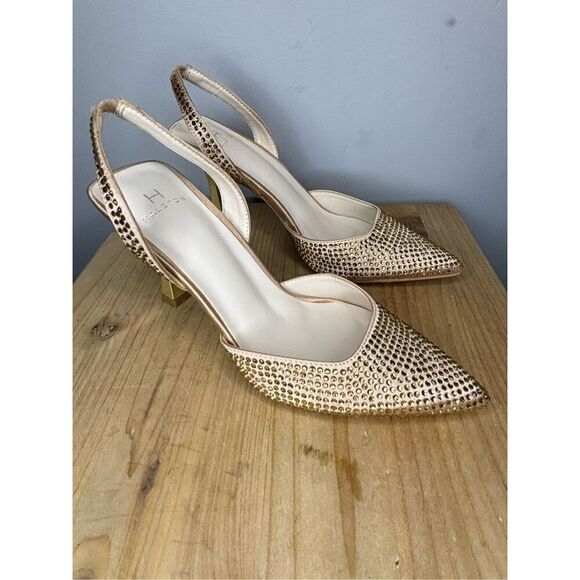 Halston Women's Hawaii Embellished Slingback Pointed Toe Stilleto Heels‎ Gold 6 - Picture 1 of 8